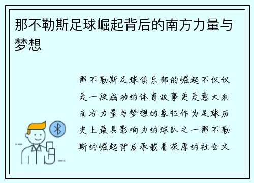 那不勒斯足球崛起背后的南方力量与梦想 那不勒斯足球崛起背后的南方力量与梦想