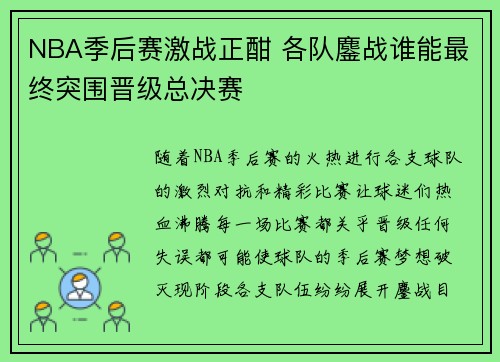 NBA季后赛激战正酣 各队鏖战谁能最终突围晋级总决赛 NBA季后赛激战正酣 各队鏖战谁能最终突围晋级总决赛